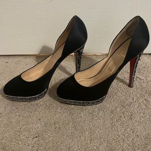 Christian Louboutin Eugenie Black Satin pump with rhinestone platform/ heel 40.5
